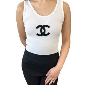 CHANEL Vintage CC Logo Bicolor Tank Top #38 Rib Sleeveless White Black [105978]
